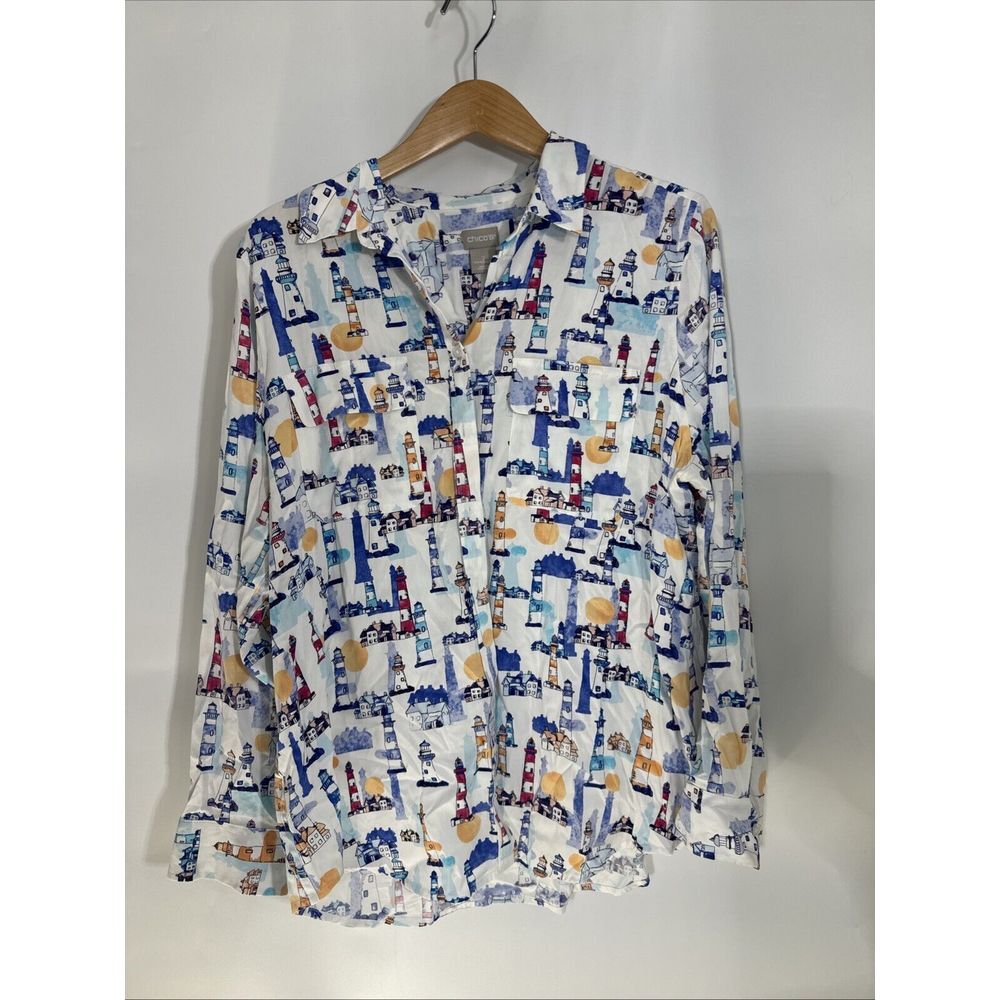 Chicos Lighthouse Print Button Down Shirt‎ Womens 2 L 12/14 Nautical Long Sleeve